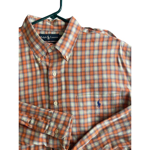 Ralph Lauren Shirt Mens Large Orange Checks Plaid Button‎ Down Pony Logo Blake - Picture 7 of 12